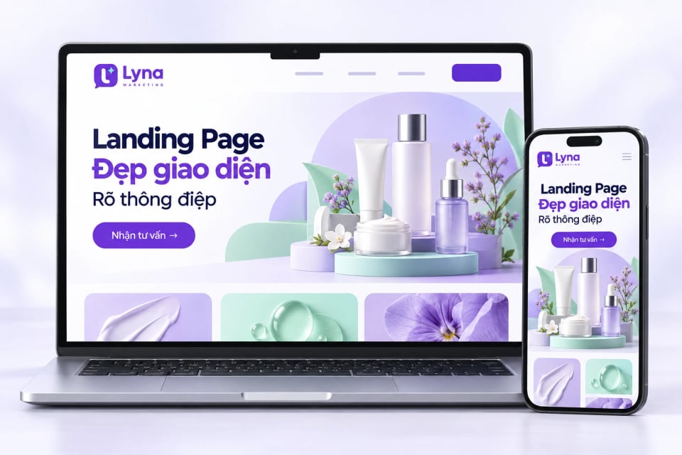 Mẫu minh họa Landing Page Lyna Marketing trên laptop và điện thoại, giao diện tím và xanh mint đồng bộ