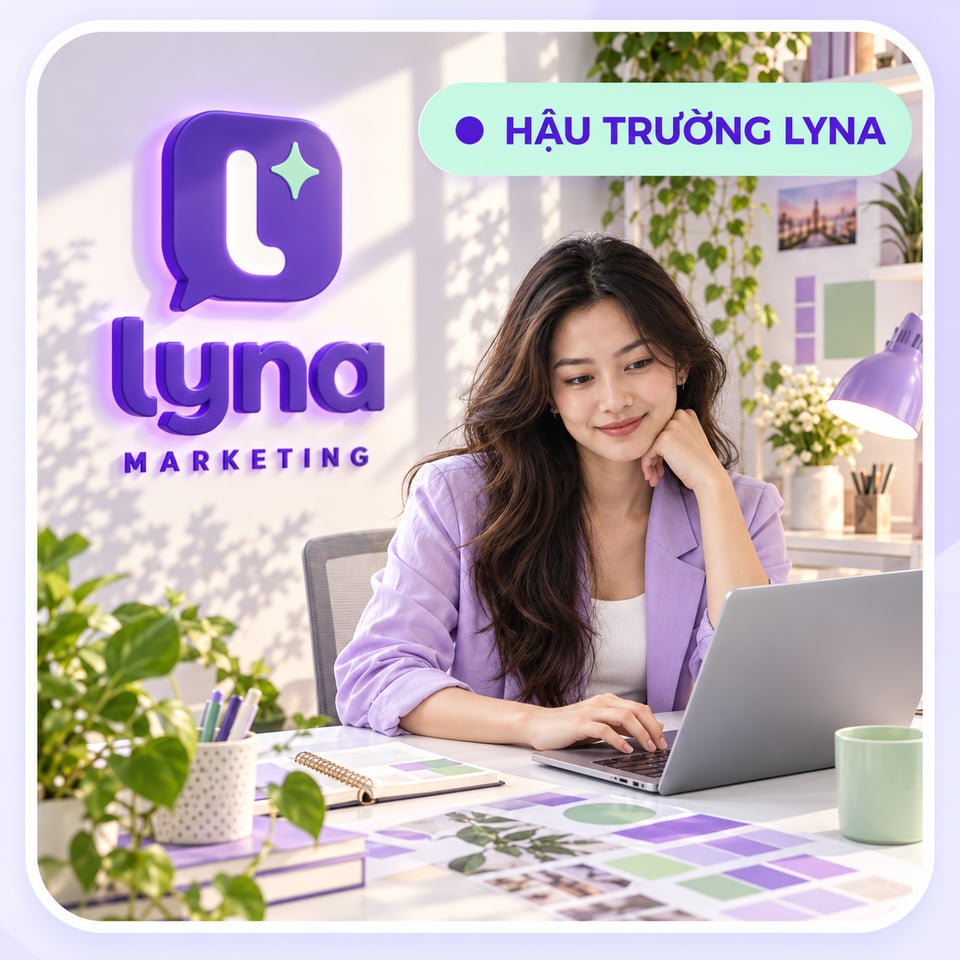 Hậu trường Lyna Marketing: hình minh họa chuyên viên mặc blazer tím làm việc với laptop, logo Lyna nổi khối và tông xanh mint